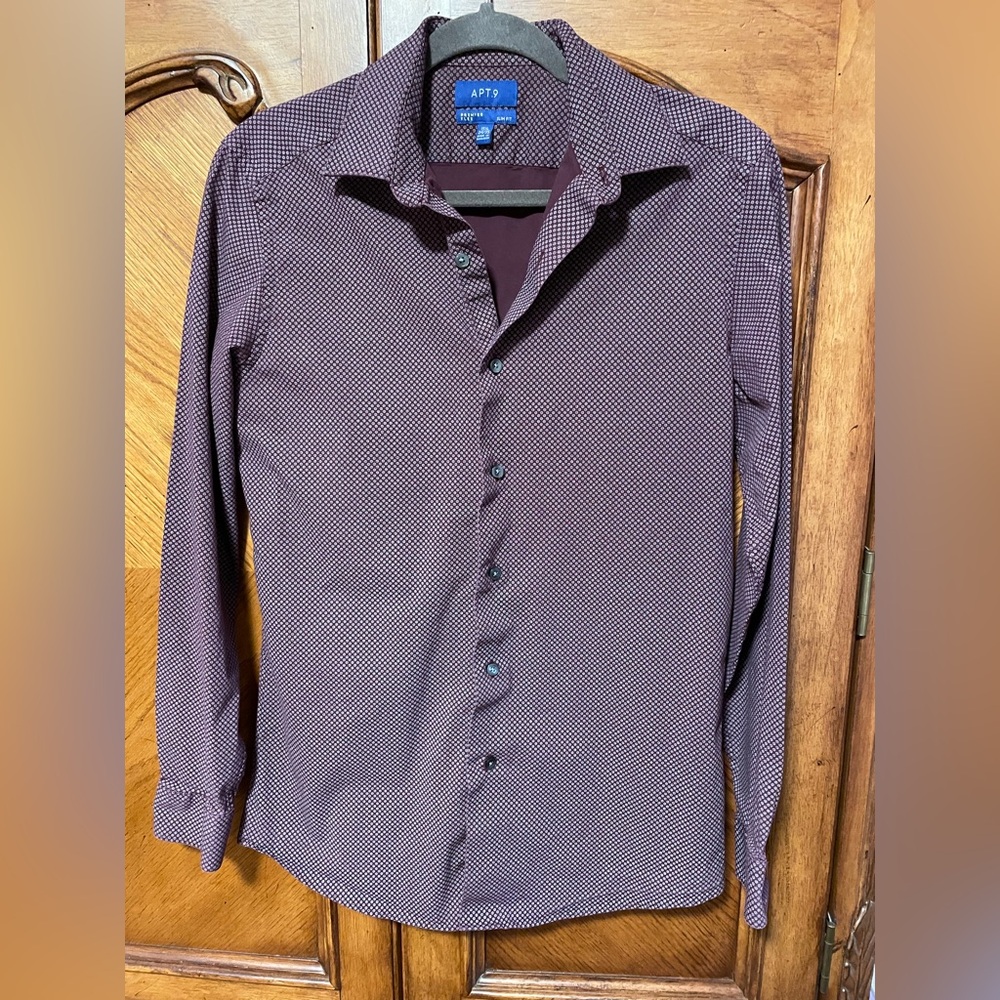 APT.9 Shirt Slim Fit Burgundy Patterned Button Down Long Sleeve Size15 1/2 34/35
